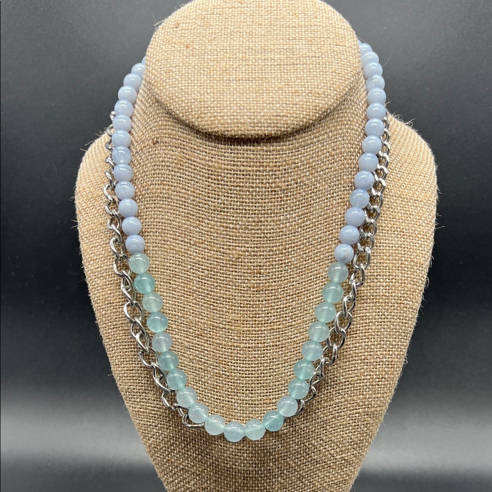 LOFT Layered Blue and Aqua Beaded Necklace Silver Chain Adjustable 20-22”
